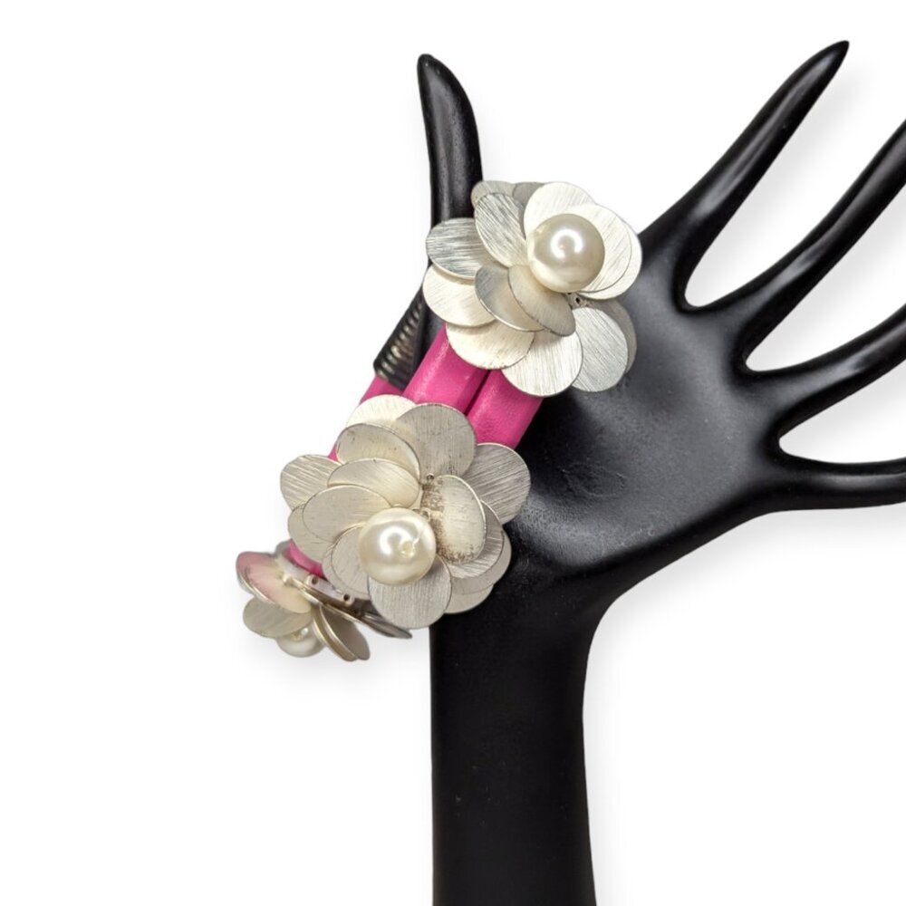 Pink & Floral Leather Band Bracelet with Magnetic Closure